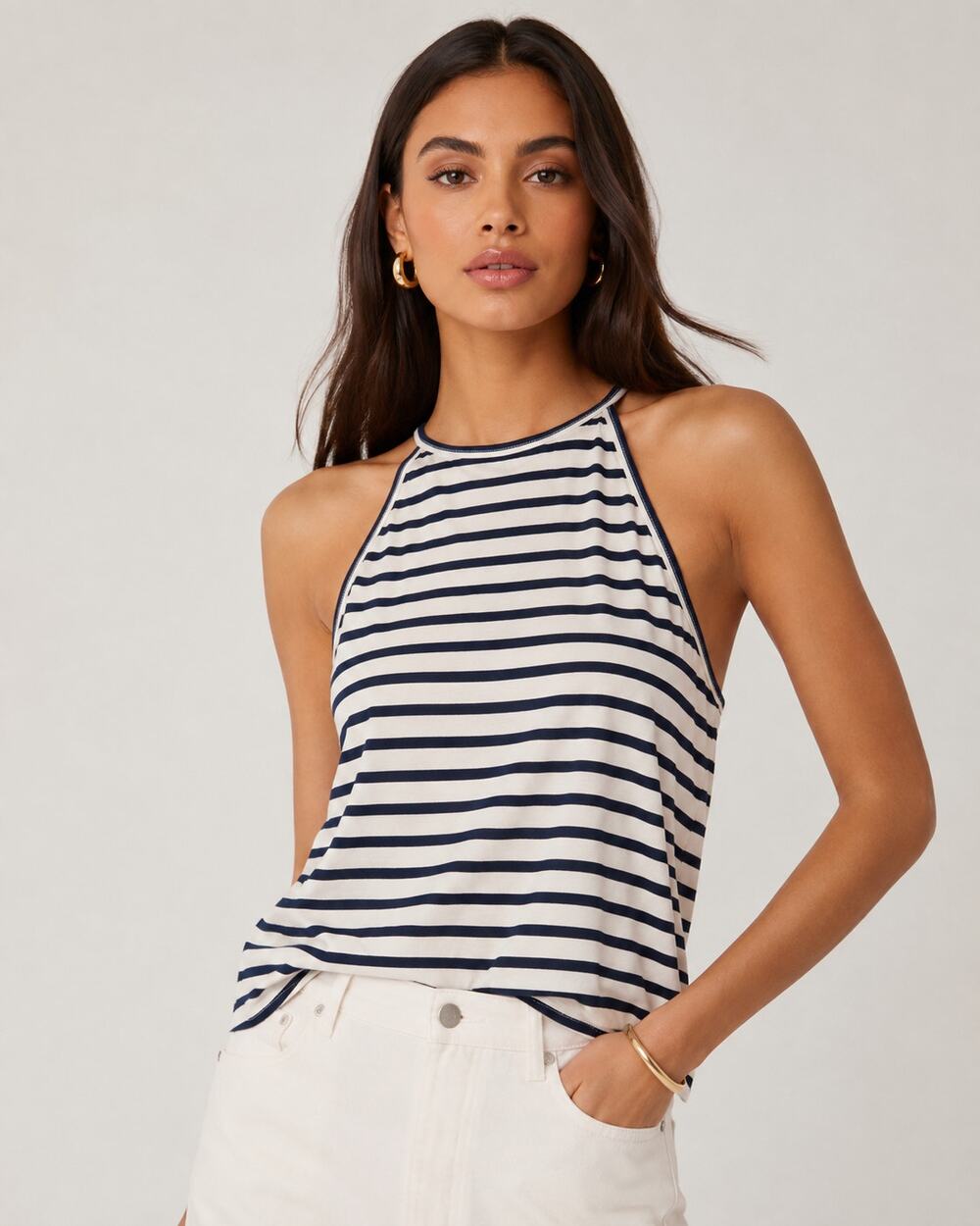 A.L.C. Striped Halter Neck Tank Top Navy White Size Small
